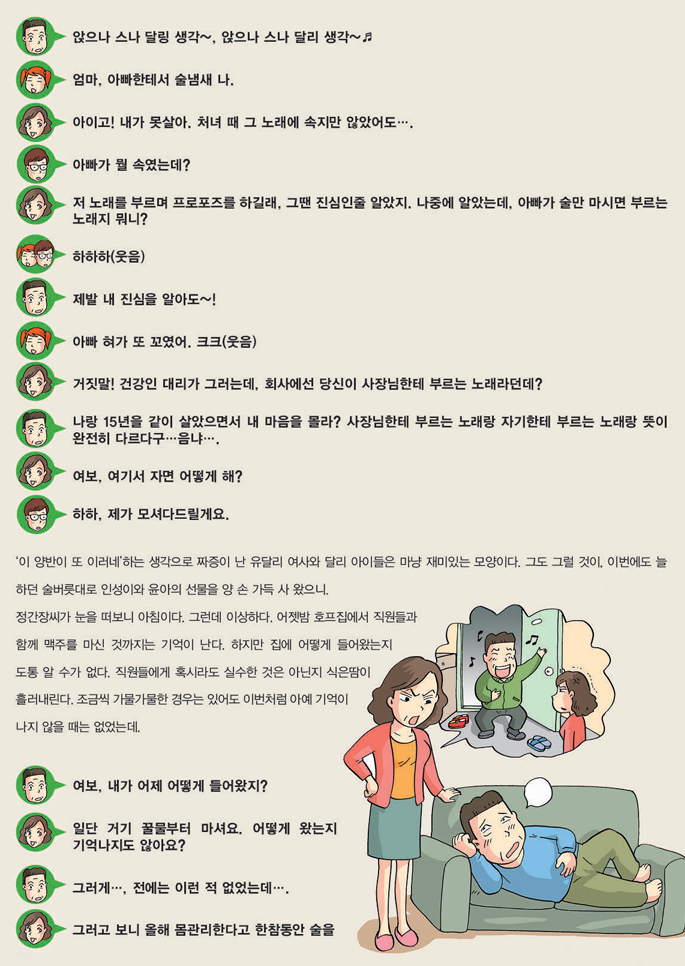 정간장: 앉으나 스나 달링 생각~, 앉으나 스나 달리 생각~♬
정윤아 : 엄마, 아빠한테서 술냄새 나.
유달리 : 아이고! 내가 못살아. 처녀 때 그 노래에 속지만 않았어도….
정인성 : 아빠가 뭘 속였는데?
유달리: 저 노래를 부르며 프로포즈를 하길래, 그땐 진심인줄 알았지. 나중에 알았는데, 아빠가 술만 마시면 부르는 노래지 뭐니?
정윤아,정인성 : 하하하(웃음)
정간장 : 제발 내 진심을 알아도~!
정윤아 : 아빠 혀가 또 꼬였어. 크크(웃음)
유달리 : 거짓말! 건강인 대리가 그러는데, 회사에선 당신이 사장님한테 부르는 노래라던데?
정간장 : 나랑 15년을 같이 살았으면서 내 마음을 몰라? 사장님한테 부르는 노래랑 자기한테 부르는 노래랑 뜻이 완전히 다르다구…음냐….
유달리 : 여보, 여기서 자면 어떻게 해?
정인성 : 하하, 제가 모셔다드릴게요.
'이 양반이 또 이러네'하는 생각으로 짜증이 난 유달리 여사와 달리 아이들은 마냥 재미있는 모양이다. 그도 그럴 것이, 이번에도 늘 하던 술버릇대로 인성이와 윤아의 선물을 양 손 가득 사 왔으니.
정간장씨가 눈을 떠보니 아침이다. 그런데 이상하다. 어젯밤 호프집에서 직원들과 함께 맥주를 마신 것까지는 기억이 난다. 하지만 집에 어떻게 들어왔는지 도통 알 수가 없다. 직원들에게 혹시라도 실수한 것은 아닌지 식은땀이 흘러내린다. 조금씩 가물가물한 경우는 있어도 이번처럼 아예 기억이 나지 않을 때는 없었는데.
정간장 : 여보, 내가 어제 어떻게 들어왔지?
유달리 : 일단 거기 꿀물부터 마셔요. 어떻게 왔는지 기억나지도 않아요?
정간장 : 그러게…, 전에는 이런 적 없었는데….
유달리 : 그러고 보니 올해 몸관리한다고 한참동안 술을