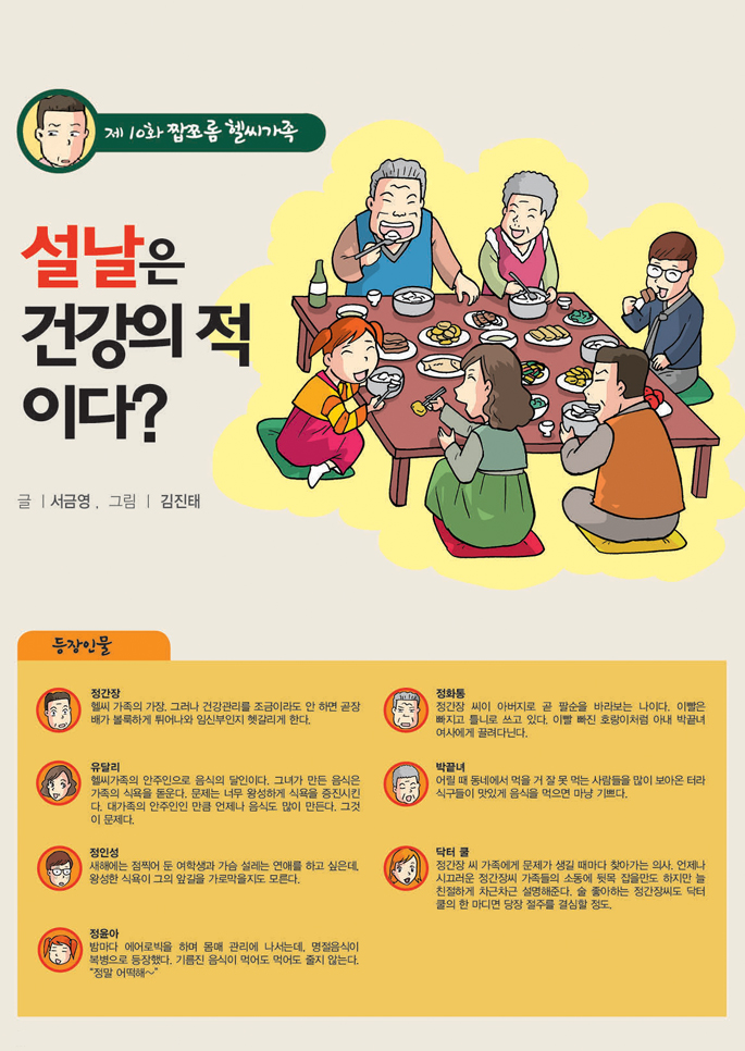 제10화 짭쪼롬 헬씨가족
설날은 건강의 적이다?
글ㅣ 서금영 ,  그림ㅣ 김진태 자문_전용준 다사랑중앙병원 원장
등장인물 
정화통
정간장 씨이 아버지로 곧 팔순을 바라보는 나이다. 이빨은 빠지고 틀니로 쓰고 있다. 이빨 빠진 호랑이처럼 아내 박끝녀 여사에게 끌려다닌다.

박끝녀
어릴 때 동네에서 먹을 거 잘 못 먹는 사람들을 많이 보아온 터라 식구들이 맛있게 음식을 먹으면 마냥 기쁘다.

정간장
헬씨 가족의 가장. 그러나 건강관리를 조금이라도 안 하면 곧장 배가 볼룩하게 튀어나와 임신부인지 헷갈리게 한다. 

유달리
헬씨가족의 안주인으로 음식의 달인이다. 그녀가 만든 음식은 가족의 식욕을 북돋는다. 문제는 너무 왕성하게 식욕을 증진시킨다. 대가족의 안주인인 만큼 언제나 음식도 많이 만든다. 그것이 문제다.

정인성
새해에는 점찍어 둔 여학생과 가슴 설레는 연애를 하고 싶은데, 왕성한 식욕이 그의 앞길을 가로막을지도 모른다.

정윤아
밤마다 에어로빅을 하며 몸매 관리에 나서는데, 명절음식이 복병으로 등장했다. 기름진 음식이 먹어도 먹어도 줄지 않는다. '정말 어떡해~'