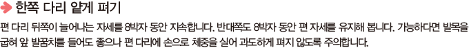 한쪽 다리 얕게 펴기 - 편 다리 뒤쪽이 늘어나는 자세를 8박자 동안 지속합니다. 반대쪽도 8박자 동안 편 자세를 유지해 봅니다. 가능하다면 발목을 굽혀 앞 발꿈치를 들어도 좋으나 편 다리에 손으로 체중을 실어 과도하게 펴지 않도록 주의합니다.
