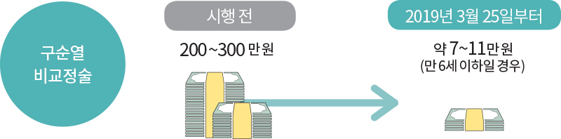 구순열 비교정술 시행 전 200~300만 원 → 2019년 3월 25일부터 약 7~11만 원(만 6세 이하일 경우)