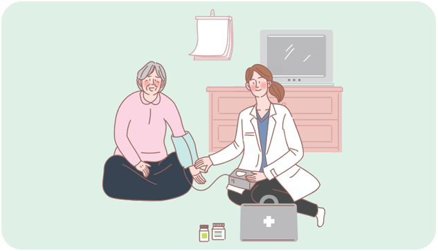 가정으로 방문한 의료진이 노인의 혈압을 체크하는 모습이 담긴 일러스트 이미지