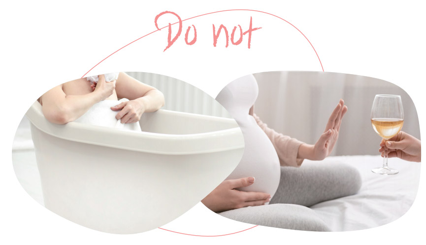 욕조에 들어가 반신욕을 하는 모습과 만삭의 임신부가 술을 거절하는 모습이 담긴 이미지