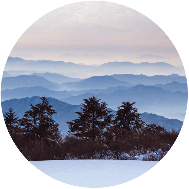 흰 눈이 쌓인 설경의 산이 끝없이 펼쳐진 모습이 담긴 이미지