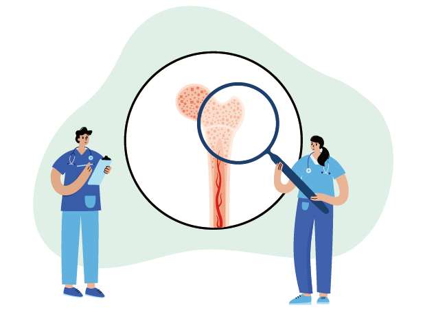 붉은 점으로 표시된 골밀도의 모습을 체크하고 있는 의료진의 모습을 담은 일러스트 이미지