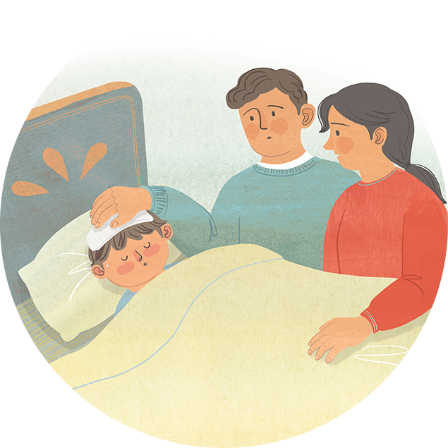 열이 나는 듯 땀을 흘리고 침대에 누운 아이를 걱정스러운 눈으로 바라보는 부모의 모습을 담은 일러스트 이미지