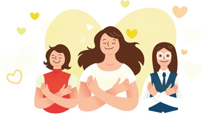 세명의 사람이 스스로를 위로할 때 많이 사용하는 버터플라이 허그를 한 모습을 담은 일러스트 이미지