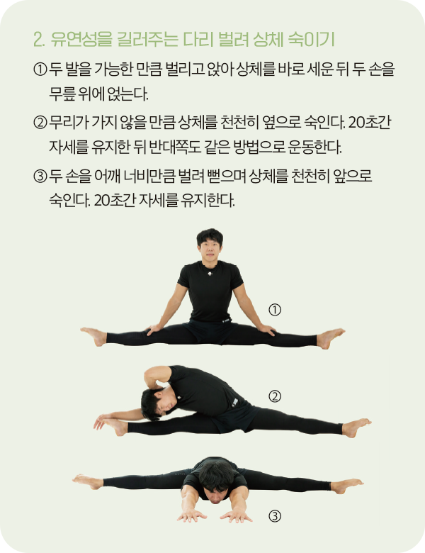 유연성을 길러주는 다리 벌려 상체 숙이기 자세를 시범으로 보여주는 예남욱 선수 이미지