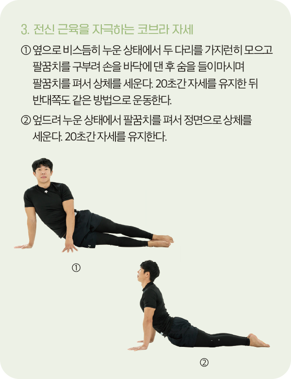 전신 근육을 자극하는 코브라 자세를 시범으로 보여주는 예남욱 선수 이미지