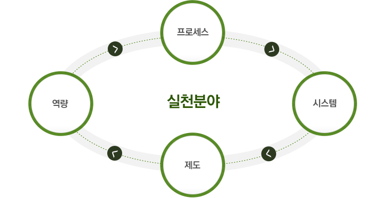 실천분야에는 프로세스와 시스템, 그리고 제도, 역량 등이 있습니다.