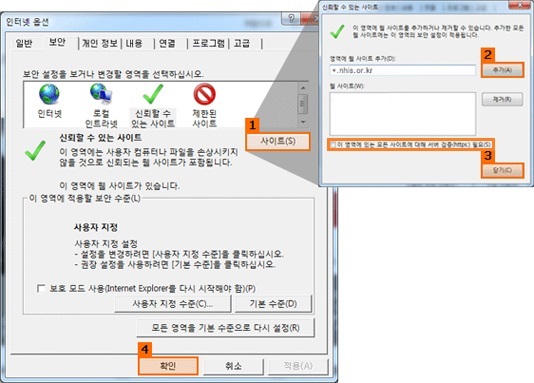 STEP2. 인터넷 옵션 창의 보안설정 탭에 신뢰할수 있는 사이트를 등록한다 설명 캡쳐이미지