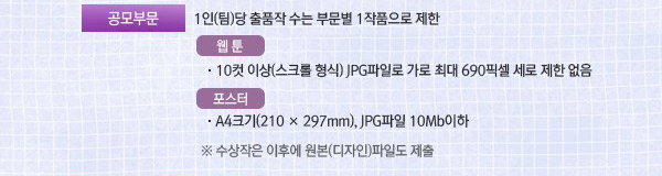 공모부문 : 1인(팀)당 출품작 수는 부문별 1작품으로 제한. •웹툰:10컷이상(스크롤 형식)JPG파일로 가로 최대 690픽셀 세로 제한 없음. •포스터:A4크기(210x297mm), JPG파일 10Mb(메가바이트)이하. 수상작은 이후에 원본(디자인)파일도 제출