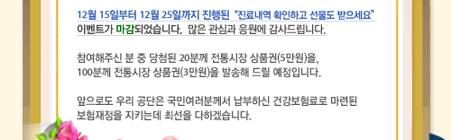  '6월 12일부터 6월 26일까지 진행된 "진료내역 확인하고 선물도 받으세요" 이벤트가 마감되었습니다. 많은 관심과 응원에 감사드립니다.참여해주신 분 중 20분께 전통시장 상품권(5만원)을, 100분께 전통시장 상품권(3만원)을 발송해 드릴 예정입니다. 앞으로도 우리 공단은 국민여러분께서 납부하신 건강보험료로 마련된 보험재정을 지키는데 최선을 다하겠습니다.